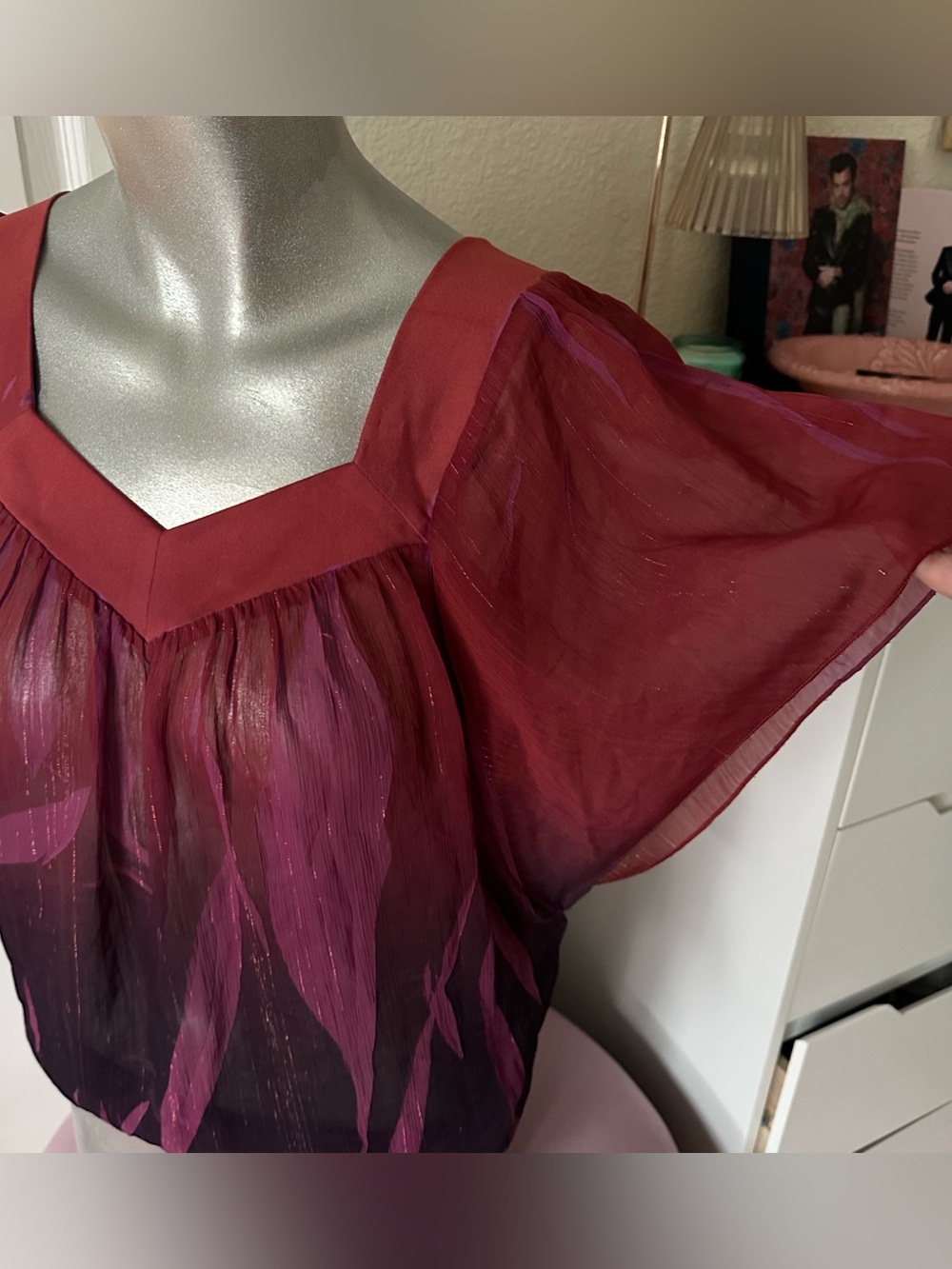 Y2K L8ter Rust Red & Purple Ombre Shimmery Flutter Batwing Sleeve Top - Picture 2 of 6